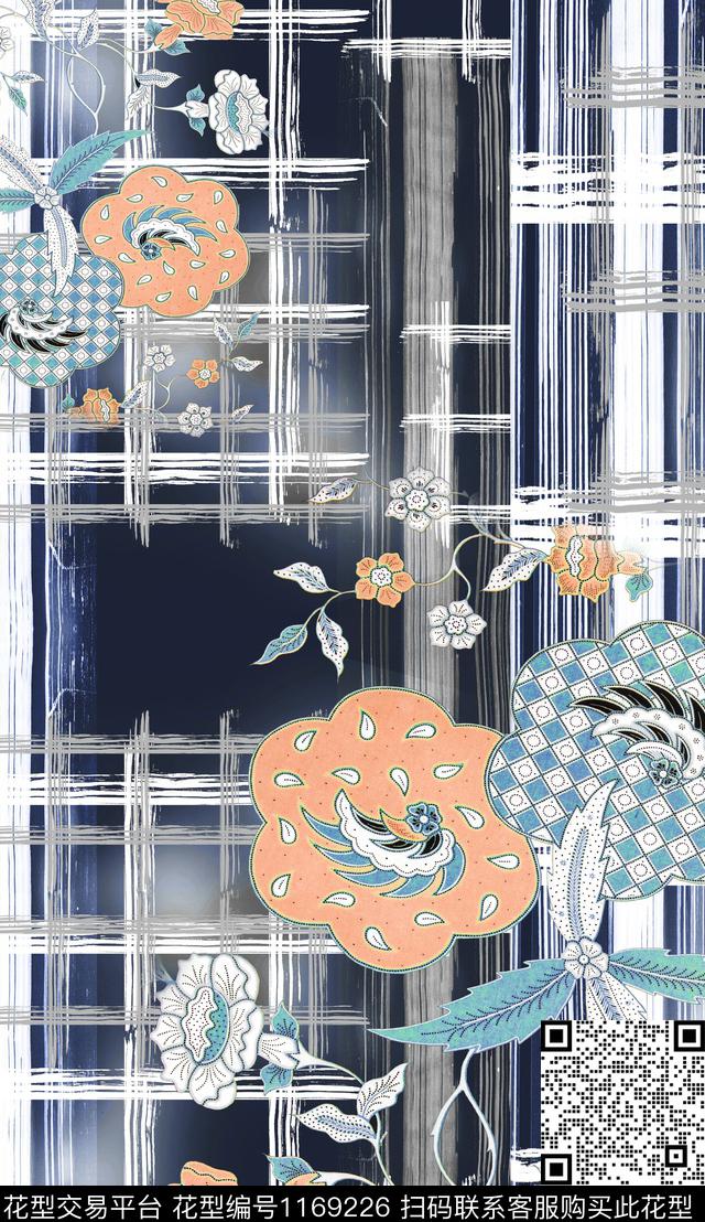 格子定位花复古数码印花华亿平台下载（图片编号: 1169226） - 瓦栏（Walan）