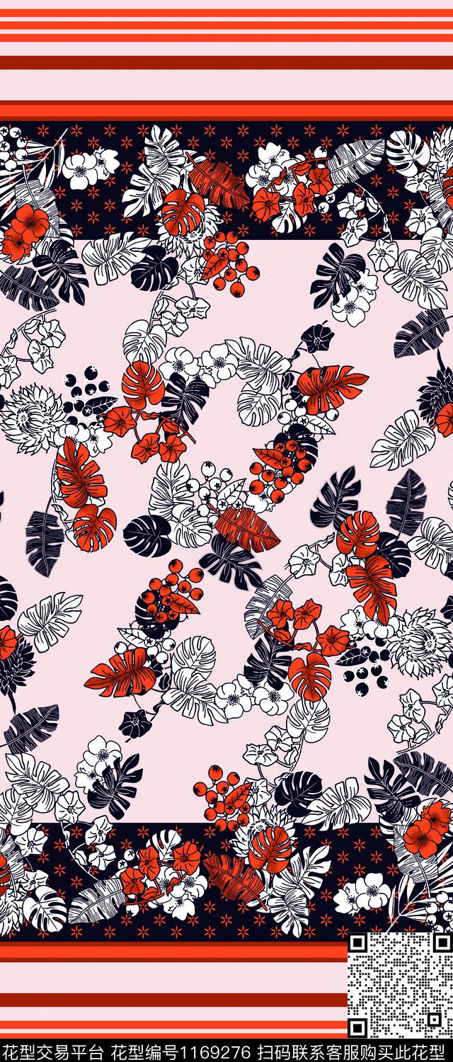 大牌风双边定位花绿植树叶传统印花华亿平台下载（图片编号: 1169276） - 瓦栏（Walan）