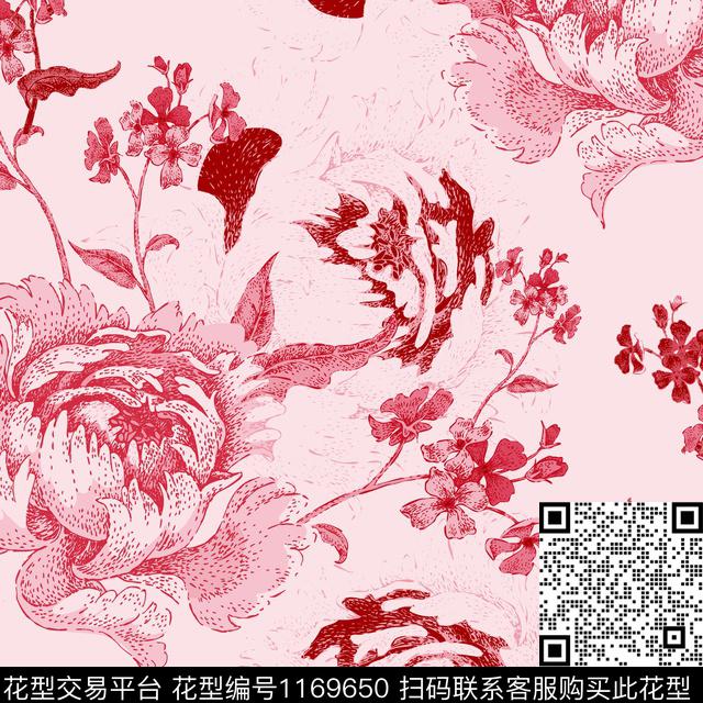 花卉大牌风手绘花卉传统印花华亿平台下载（图片编号: 1169650） - 瓦栏（Walan）