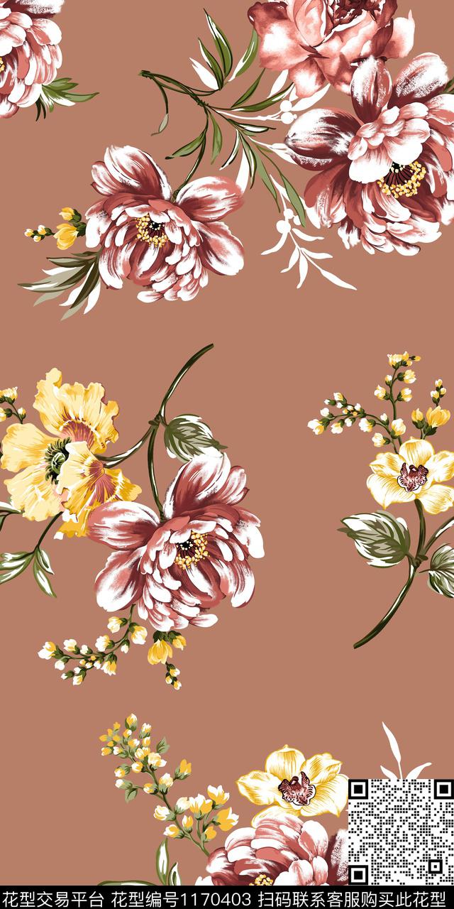清爽底花卉手绘大花大牌风传统印花华亿平台下载（图片编号: 1170403） - 瓦栏（Walan）