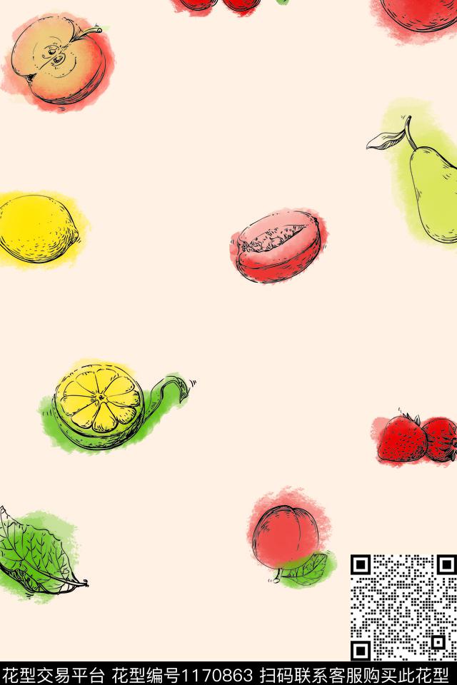 线条画手绘水果数码印花华亿平台下载（图片编号: 1170863） - 瓦栏（Walan）