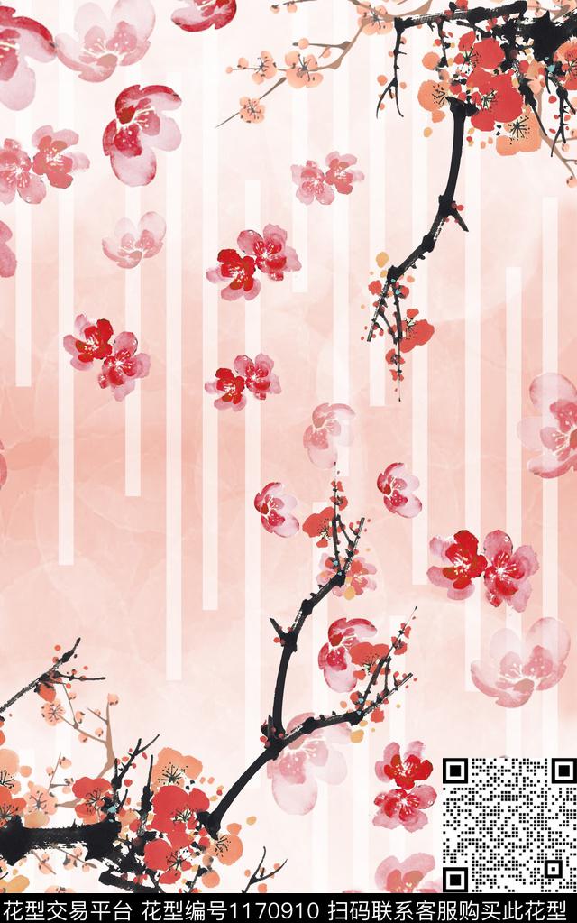 水彩花卉条纹中国风数码印花华亿平台下载（图片编号: 1170910） - 瓦栏（Walan）