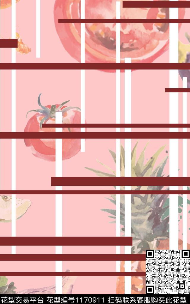 水果蔬菜条纹数码印花华亿平台下载（图片编号: 1170911） - 瓦栏（Walan）