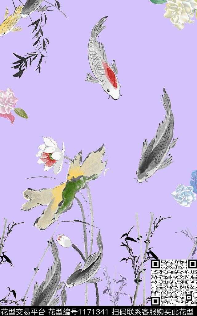 窗帘鱼水墨风数码印花华亿平台下载（图片编号: 1171341） - 瓦栏（Walan）