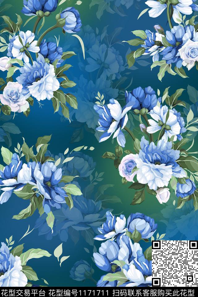 数码华亿平台水彩花卉蓝色数码印花华亿平台下载（图片编号: 1171711） - 瓦栏（Walan）