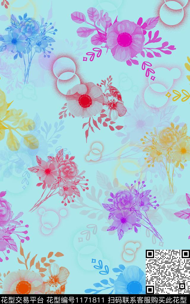 时尚水彩花卉笔触数码印花华亿平台下载（图片编号: 1171811） - 瓦栏（Walan）