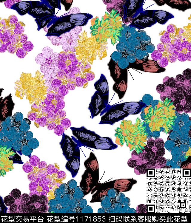 花卉满版散花胡碟数码印花华亿平台下载（图片编号: 1171853） - 瓦栏（Walan）