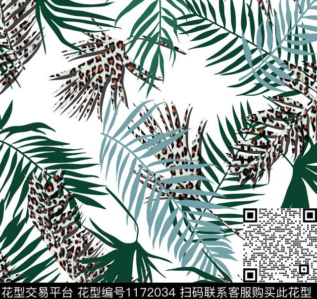 热带华亿平台豹纹绿植树叶数码印花华亿平台下载（图片编号: 1172034） - 瓦栏（Walan）