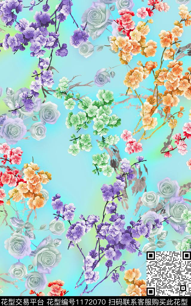 数码华亿平台水彩花卉数码印花华亿平台下载（图片编号: 1172070） - 瓦栏（Walan）