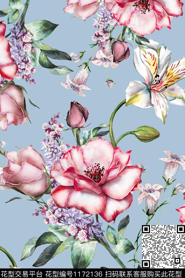 花卉大牌风手绘花卉数码印花华亿平台下载（图片编号: 1172136） - 瓦栏（Walan）