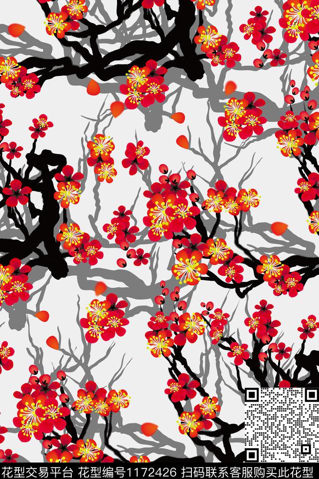 花瓣手绘花卉中国风数码印花华亿平台下载（图片编号: 1172426） - 瓦栏（Walan）