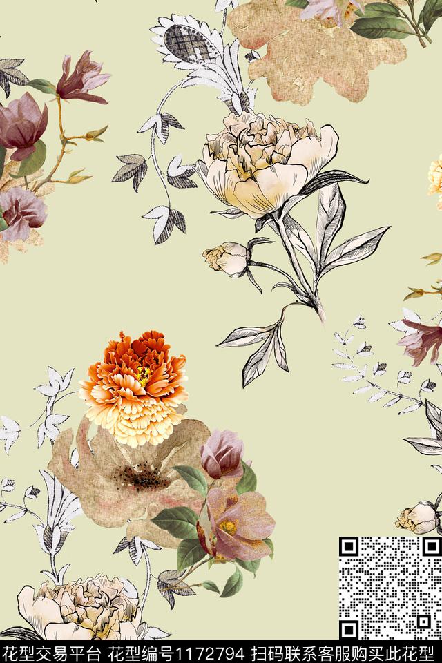 手绘花卉数码印花华亿平台下载（图片编号: 1172794） - 瓦栏（Walan）