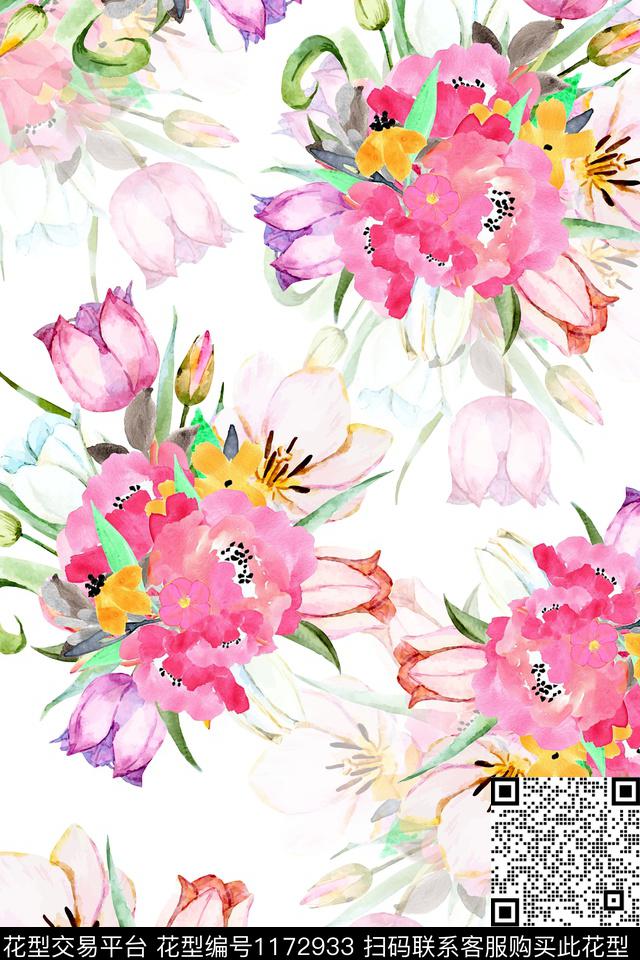 郁金香水彩花卉数码印花华亿平台下载（图片编号: 1172933） - 瓦栏（Walan）