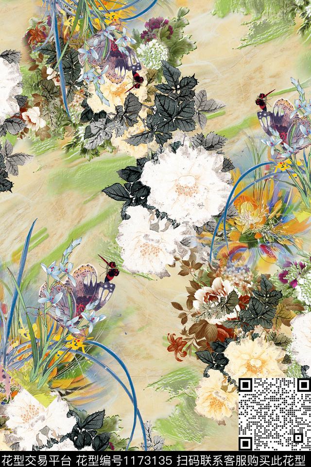 牡丹花卉朦胧底国画数码印花华亿平台下载（图片编号: 1173135） - 瓦栏（Walan）