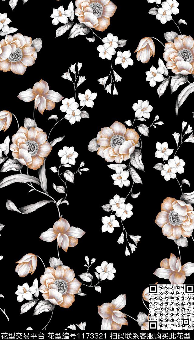 花卉手绘花卉满版散花数码印花华亿平台下载（图片编号: 1173321） - 瓦栏（Walan）