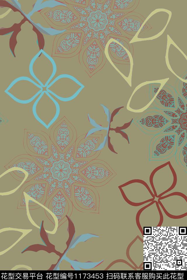 风格化花卉民族风图案传统时尚传统印花华亿平台下载（图片编号: 1173453） - 瓦栏（Walan）