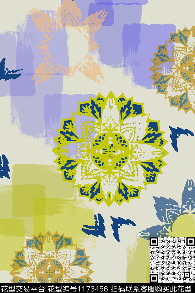 男装休闲花卉手绘线条笔触传统时尚数码印花华亿平台下载（图片编号: 1173456） - 瓦栏（Walan）