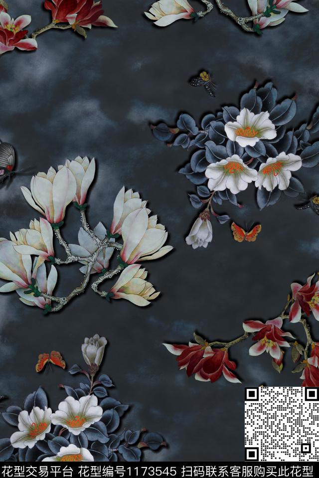 旗袍玉兰花复古数码印花华亿平台下载（图片编号: 1173545） - 瓦栏（Walan）