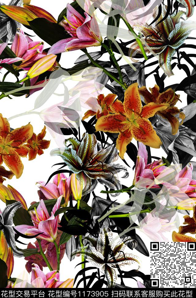 花卉热带华亿平台黑白华亿平台数码印花华亿平台下载（图片编号: 1173905） - 瓦栏（Walan）
