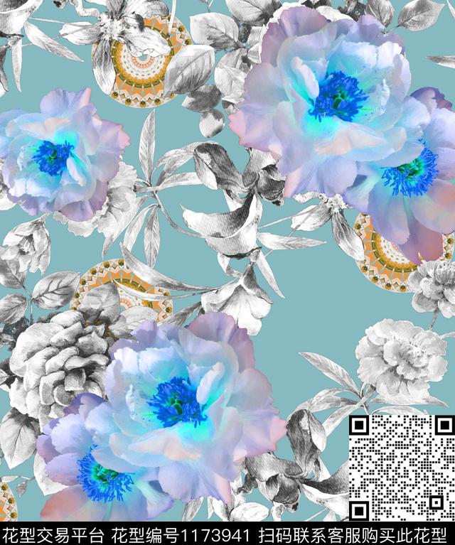 花卉曼陀罗清新休闲数码印花华亿平台下载（图片编号: 1173941） - 瓦栏（Walan）