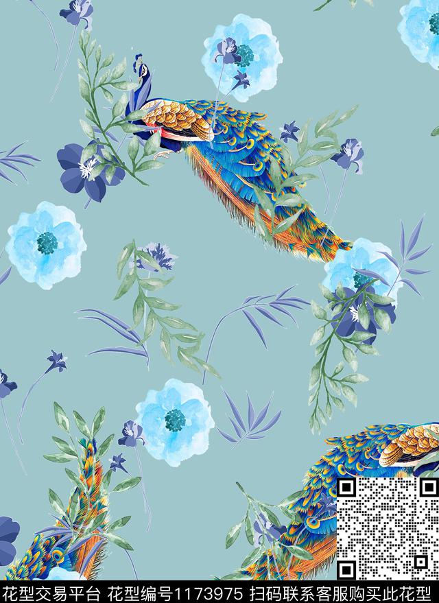 花卉孔雀民族风数码印花华亿平台下载（图片编号: 1173975） - 瓦栏（Walan）