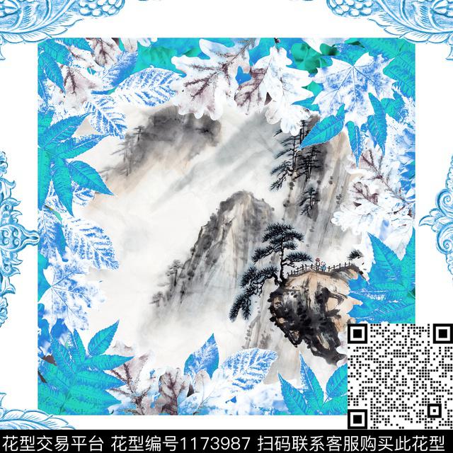 方巾绿植树叶水墨风数码印花华亿平台下载（图片编号: 1173987） - 瓦栏（Walan）