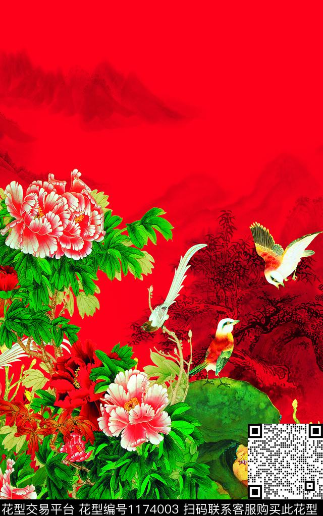 国画大花中国风定位花数码印花华亿平台下载（图片编号: 1174003） - 瓦栏（Walan）