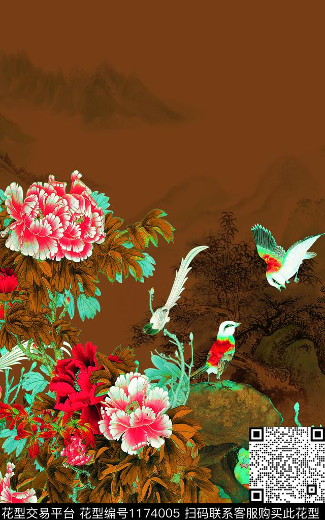 国画大花中国风定位花数码印花华亿平台下载（图片编号: 1174005） - 瓦栏（Walan）