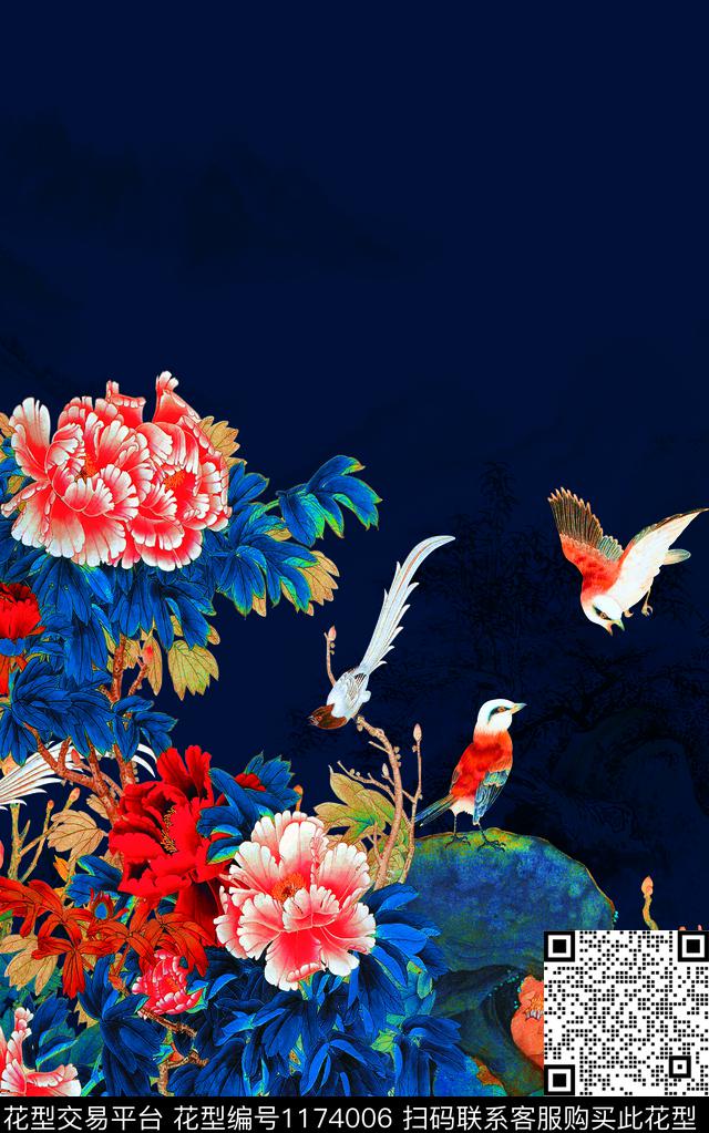 国画大花中国风定位花数码印花华亿平台下载（图片编号: 1174006） - 瓦栏（Walan）