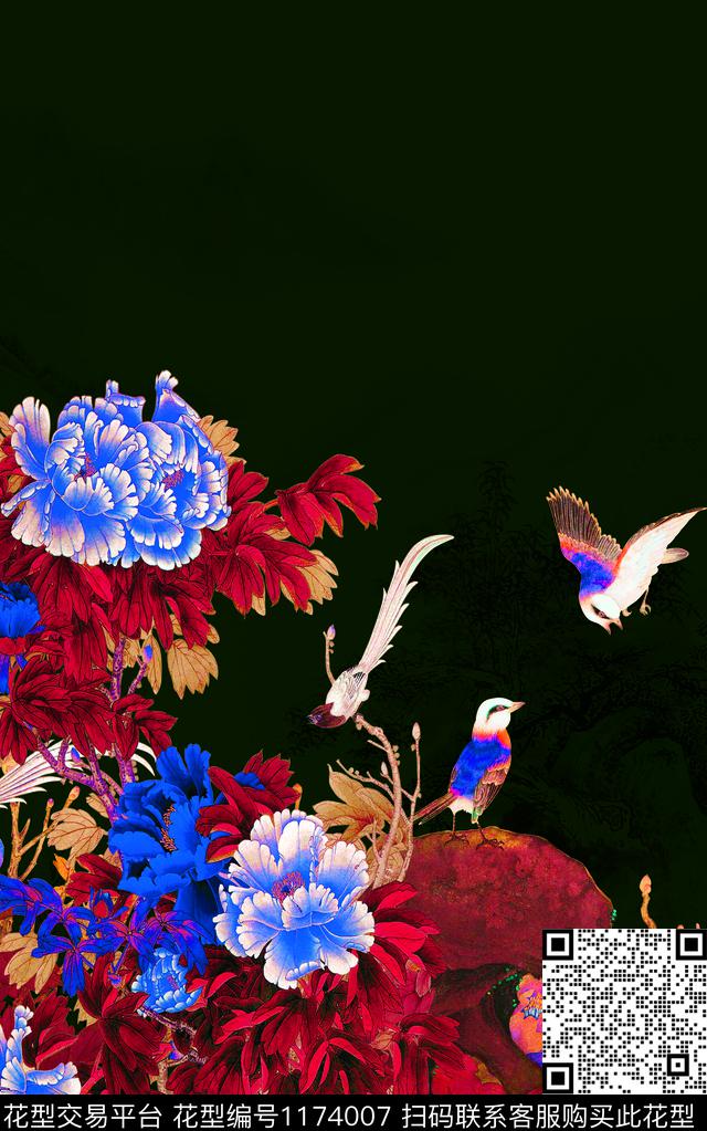 国画大花中国风定位花数码印花华亿平台下载（图片编号: 1174007） - 瓦栏（Walan）