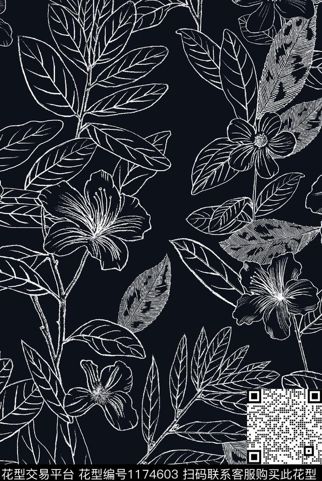 男装手绘大花黑白华亿平台传统印花华亿平台下载（图片编号: 1174603） - 瓦栏（Walan）