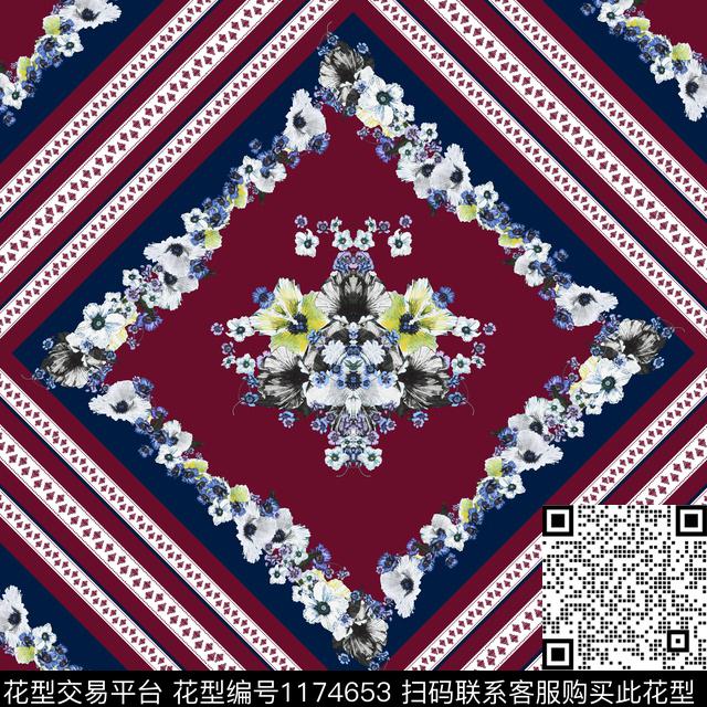 几何花卉手绘大花传统印花华亿平台下载（图片编号: 1174653） - 瓦栏（Walan）