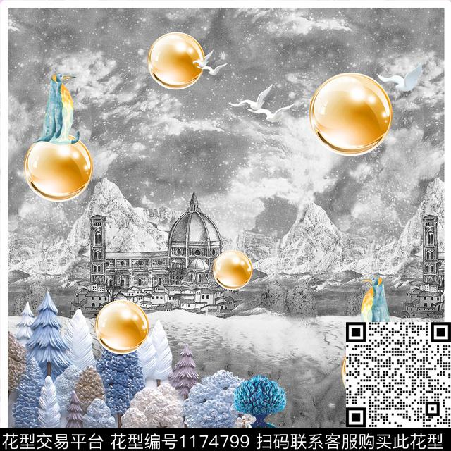 水彩冰雪建筑数码印花华亿平台下载（图片编号: 1174799） - 瓦栏（Walan）