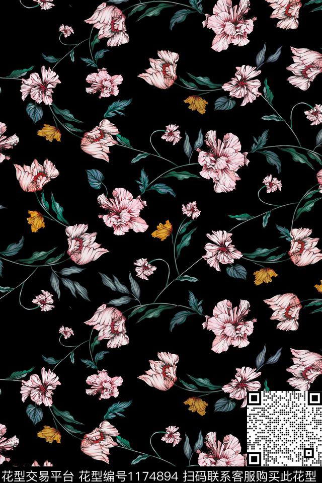水彩手绘花卉数码印花华亿平台下载（图片编号: 1174894） - 瓦栏（Walan）