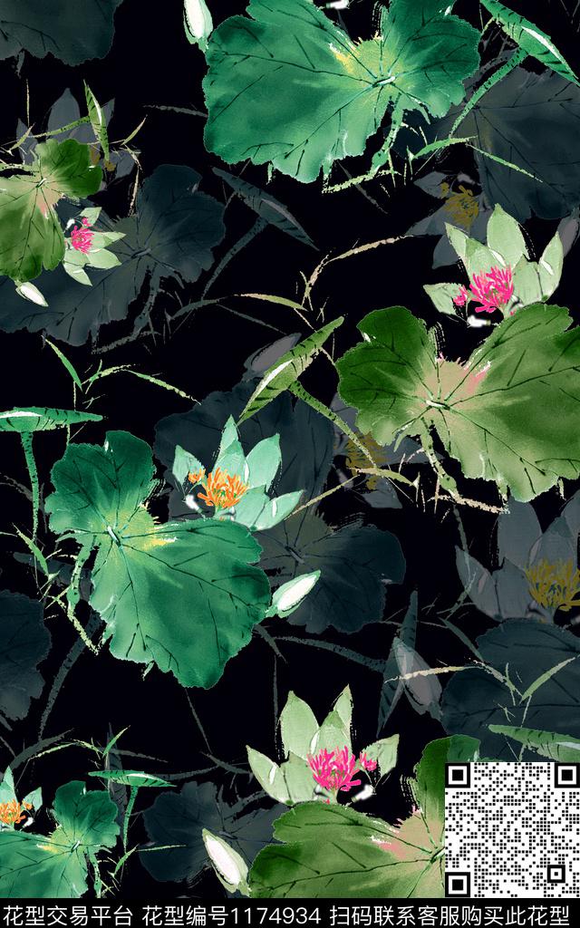 女装荷花黑底花卉数码印花华亿平台下载（图片编号: 1174934） - 瓦栏（Walan）