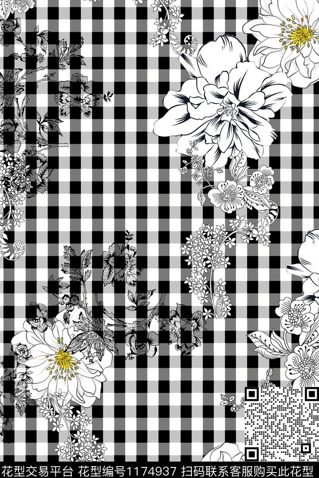 格子花卉线条花卉传统印花华亿平台下载（图片编号: 1174937） - 瓦栏（Walan）