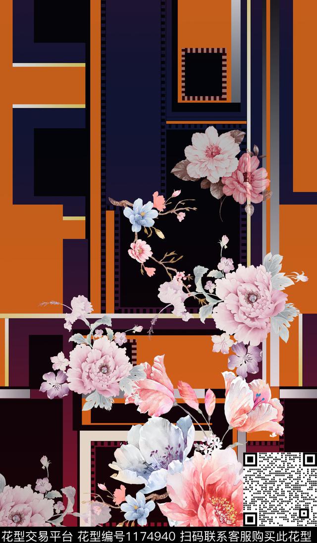 水彩花卉几何数码定位花数码印花华亿平台下载（图片编号: 1174940） - 瓦栏（Walan）