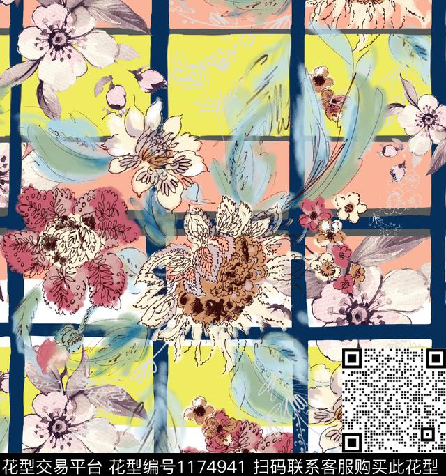 春夏华亿平台水彩花卉格子数码印花华亿平台下载（图片编号: 1174941） - 瓦栏（Walan）