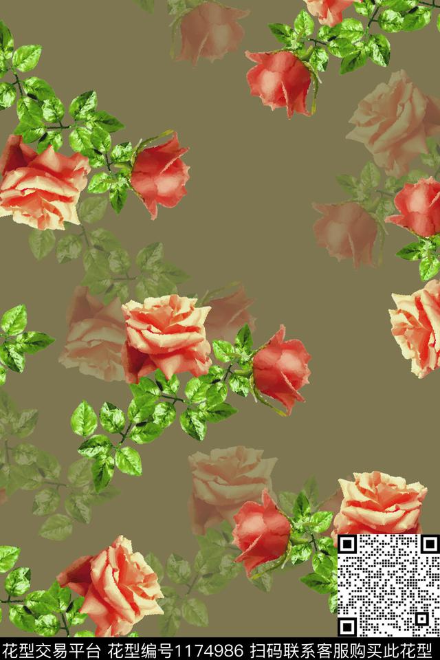 女装手绘清爽底花卉数码印花华亿平台下载（图片编号: 1174986） - 瓦栏（Walan）