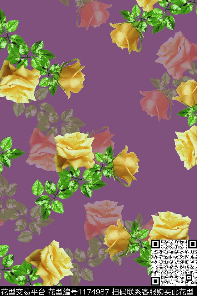 女装手绘清爽底花卉数码印花华亿平台下载（图片编号: 1174987） - 瓦栏（Walan）