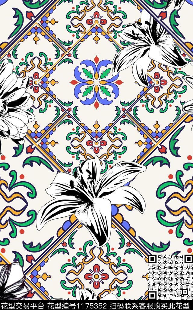 几何花卉印花数码印花华亿平台下载（图片编号: 1175352） - 瓦栏（Walan）