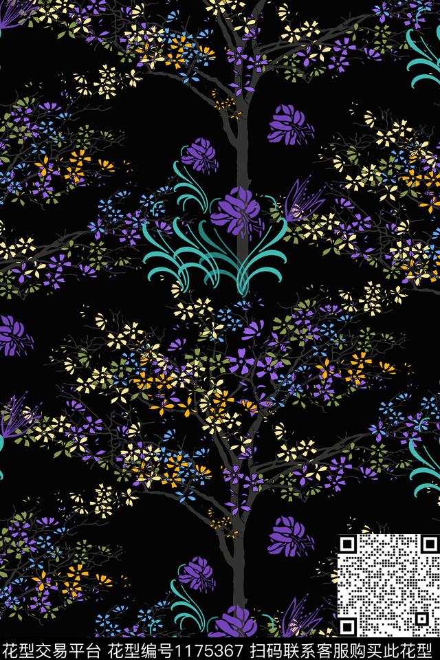 树枝手绘抽象花卉数码印花华亿平台下载（图片编号: 1175367） - 瓦栏（Walan）