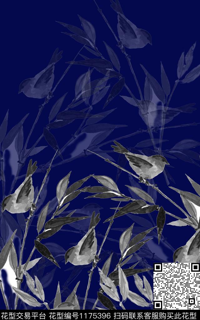 简约鸟水墨风数码印花华亿平台下载（图片编号: 1175396） - 瓦栏（Walan）