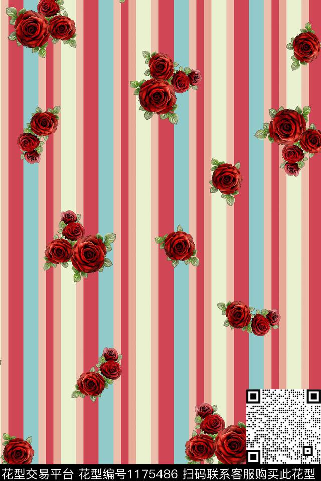 时尚清爽底花卉黑白条纹数码印花华亿平台下载（图片编号: 1175486） - 瓦栏（Walan）