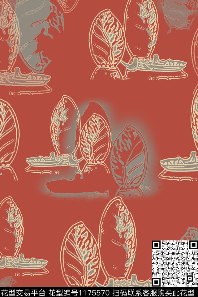 抽象线条花卉树叶组合数码印花华亿平台下载（图片编号: 1175570） - 瓦栏（Walan）