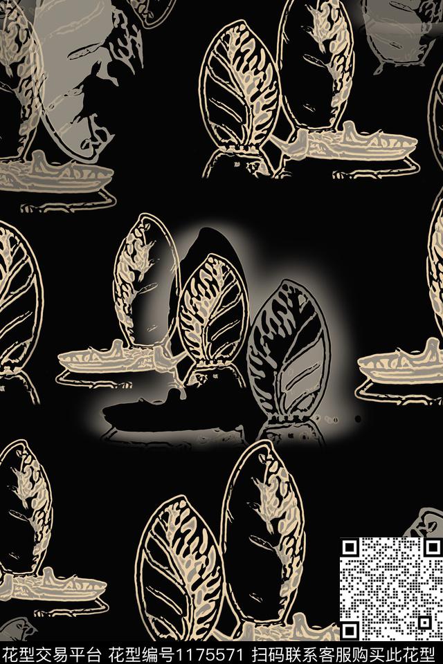 抽象线条花卉树叶组合数码印花华亿平台下载（图片编号: 1175571） - 瓦栏（Walan）