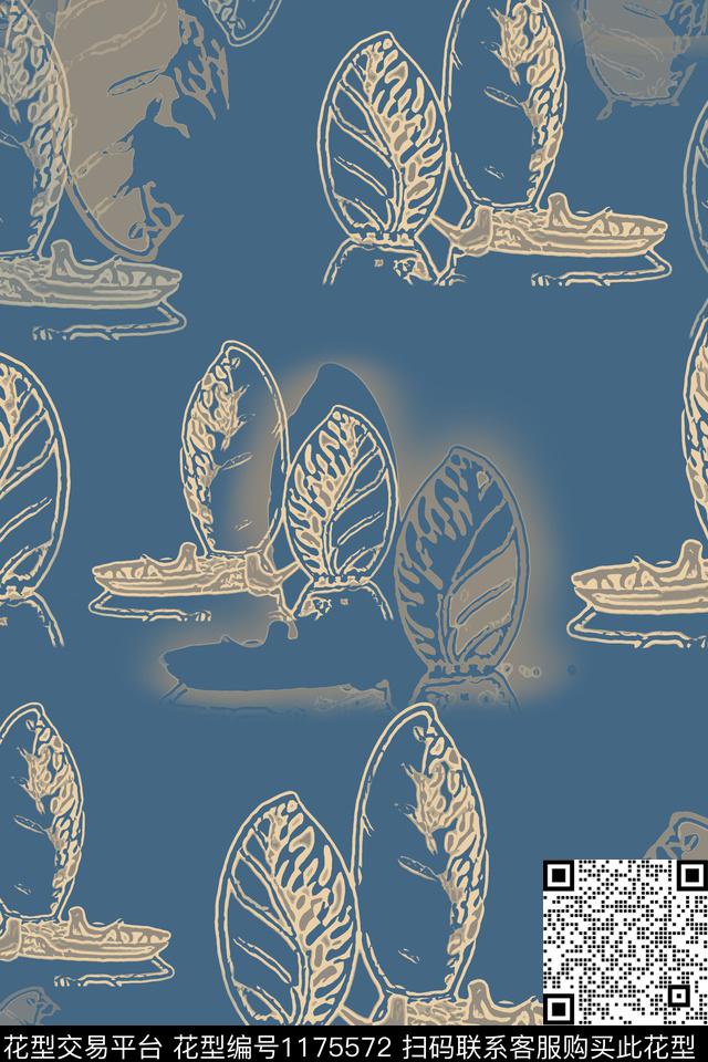 抽象线条花卉树叶组合数码印花华亿平台下载（图片编号: 1175572） - 瓦栏（Walan）