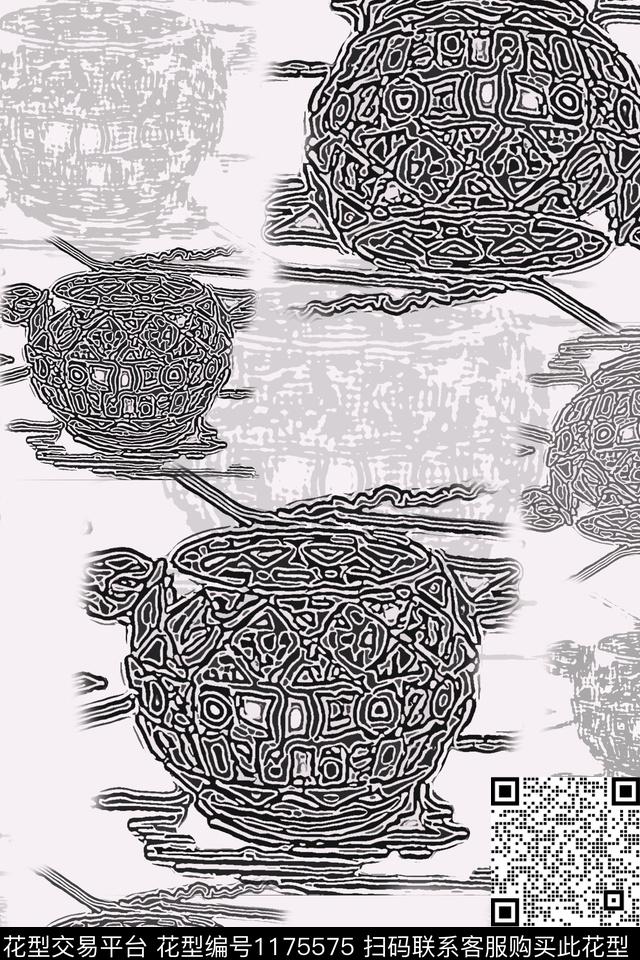 线条画花瓶风俗画传统印花华亿平台下载（图片编号: 1175575） - 瓦栏（Walan）