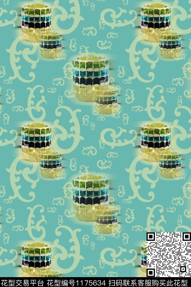 卷草几何风俗画数码印花华亿平台下载（图片编号: 1175634） - 瓦栏（Walan）