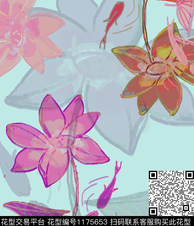 国画大花手绘数码印花华亿平台下载（图片编号: 1175653） - 瓦栏（Walan）